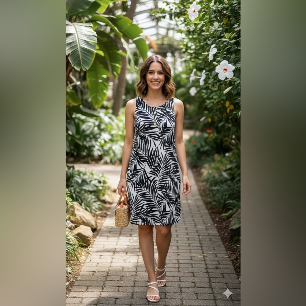𝅺dkr linen designed in Canada tropical leaves black and white dress